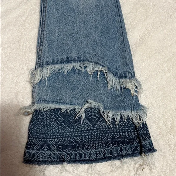 Free People We the Free Distressed Patchwork Flare Jeans Boho Festival Raw Hem - Picture 3 of 11